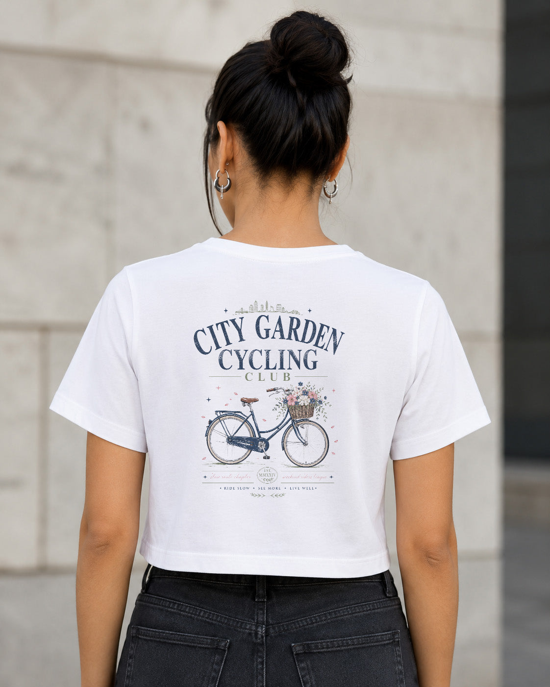 City Garden Cycling Club T-Shirt – Frauen Crop Shirt Weiss, Rückenprint