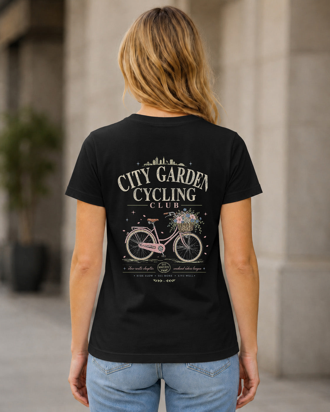 City Garden Cycling Club T-Shirt – Frauen Shirt Schwarz, Rückenprint