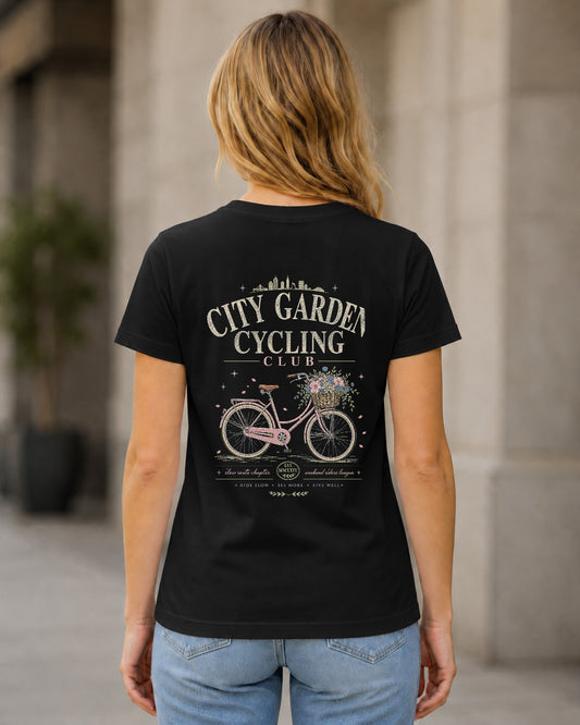 City Garden Cycling Club T-Shirt – Frauen Shirt Schwarz, Rückenprint