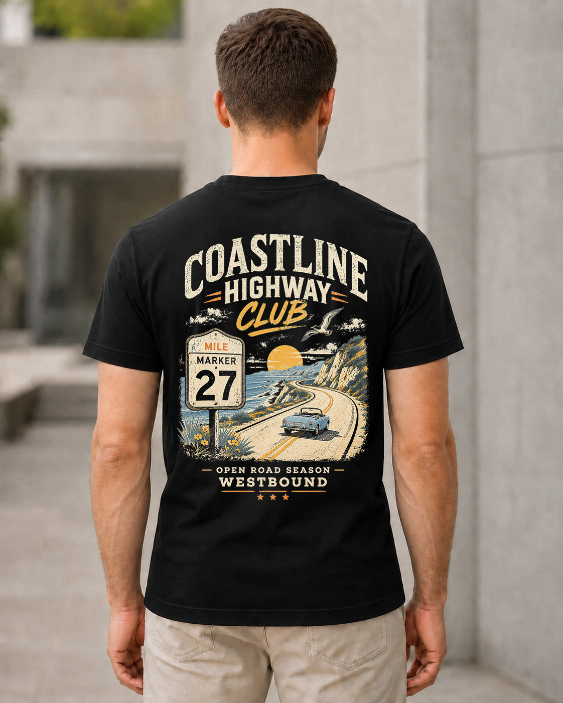 Coastline Highway Club T-Shirt – Bio-Baumwolle Shirt Schwarz, Rückenprint