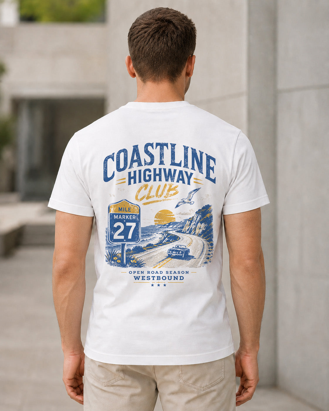 Coastline Highway Club T-Shirt – Bio-Baumwolle Shirt Weiss, Rückenprint