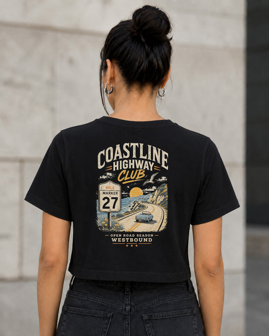 Coastline Highway Club T-Shirt – Frauen Crop Shirt Schwarz, Rückenprint