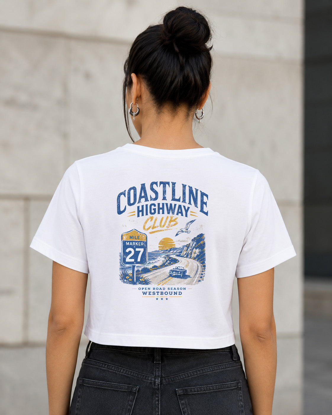 Coastline Highway Club T-Shirt – Frauen Crop Shirt Weiss, Rückenprint
