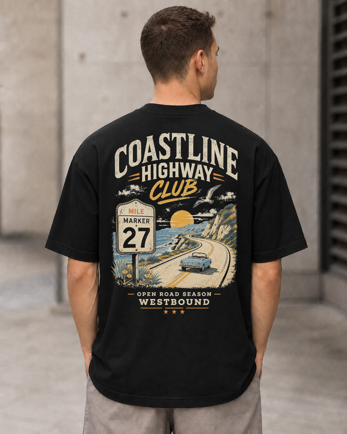 Coastline Highway Club T-Shirt – Heavyweight Oversize Shirt Schwarz, Rückenprint