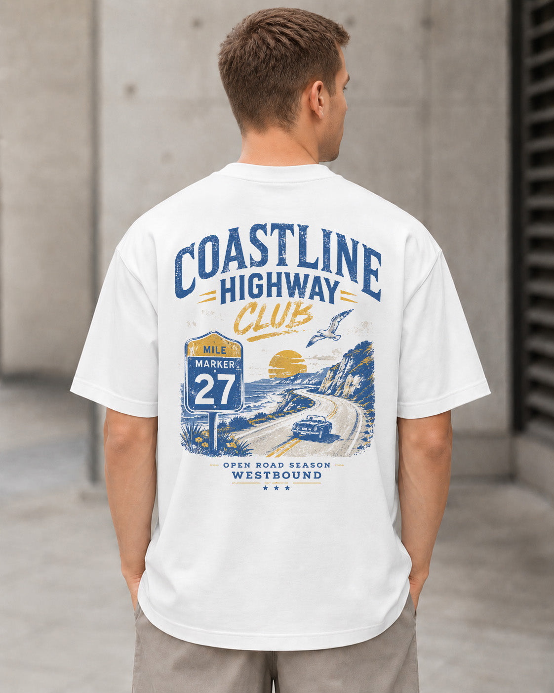 Coastline Highway Club T-Shirt – Heavyweight Oversize Shirt Weiss, Rückenprint