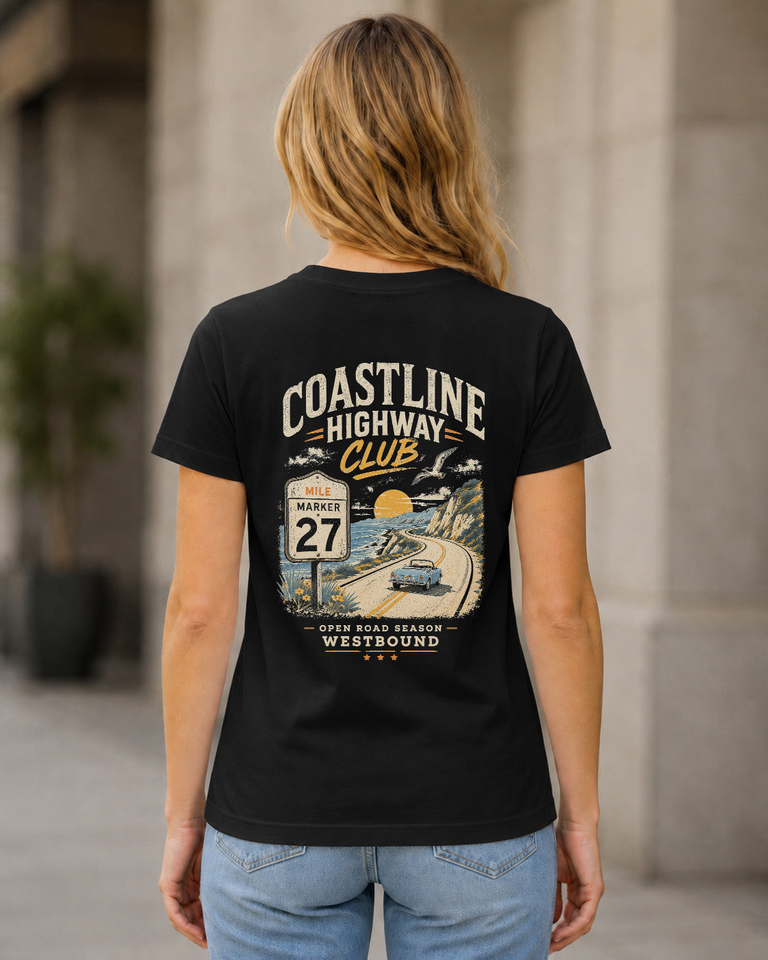 Coastline Highway Club T-Shirt – Frauen Shirt Schwarz, Rückenprint