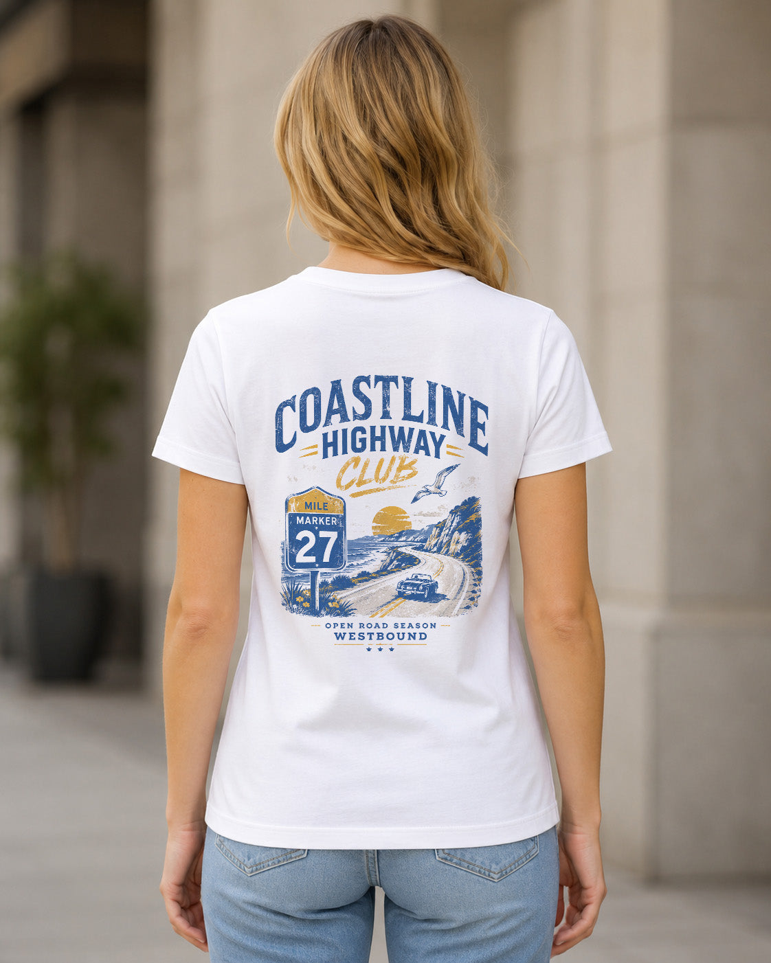 Coastline Highway Club T-Shirt – Frauen Shirt Weiss, Rückenprint