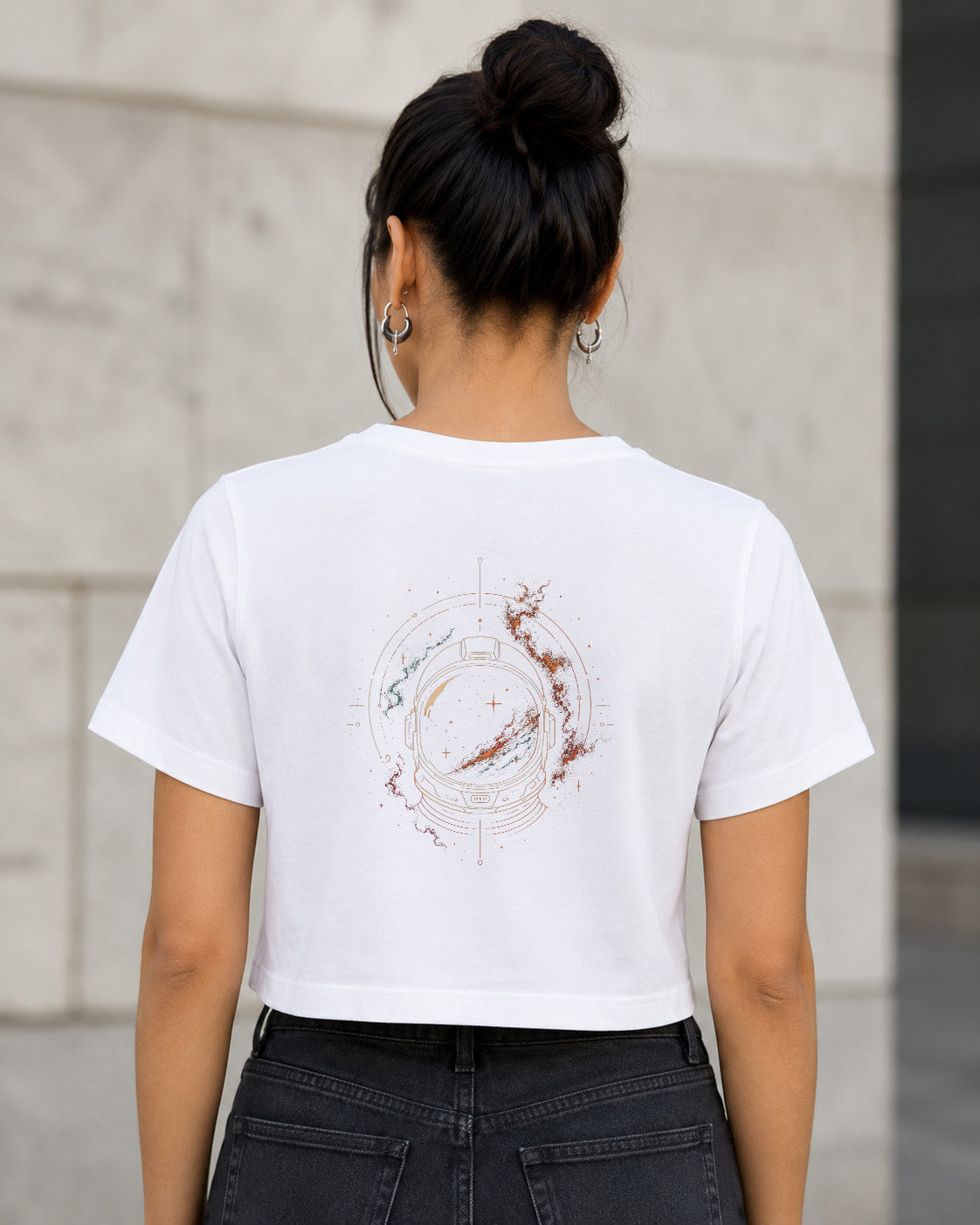 Comet Ring T-Shirt – Frauen Crop Shirt Weiss, Rückenprint