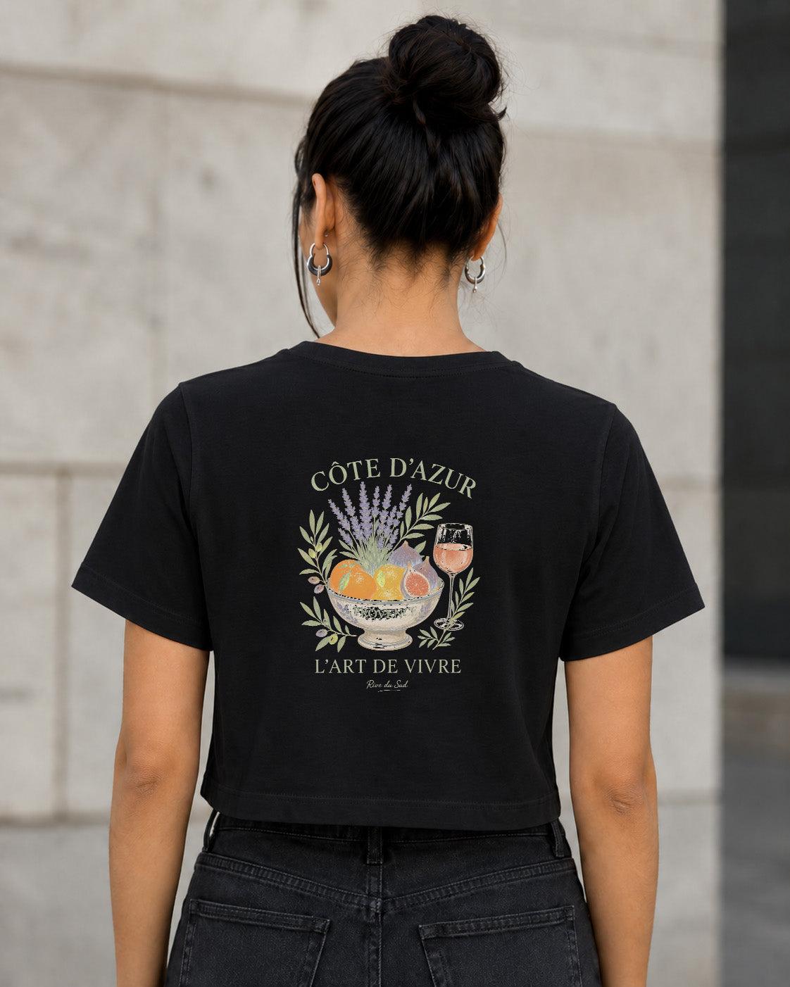 Côte d'Azur T-Shirt – Frauen Crop Shirt Schwarz, Rückenprint