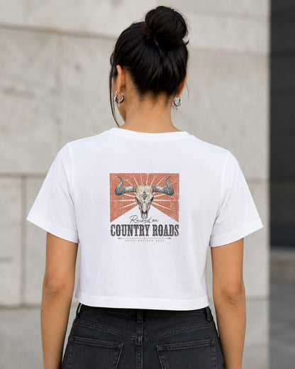 Country Roads T-Shirt – Frauen Crop Shirt Weiss, Rückenprint