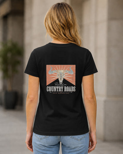 Country Roads T-Shirt – Frauen Shirt Schwarz, Rückenprint