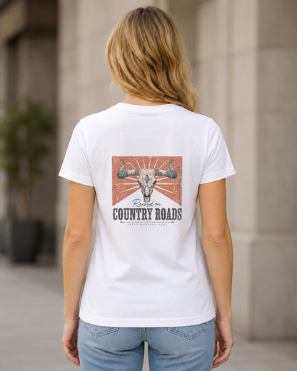 Country Roads T-Shirt – Frauen Shirt Weiss, Rückenprint