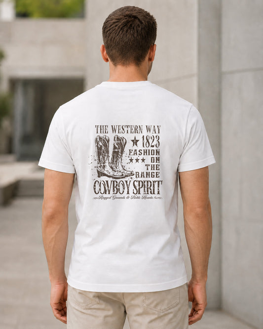 Cowboy Spirit T-Shirt – Bio-Baumwolle Shirt Weiss, Rückenprint