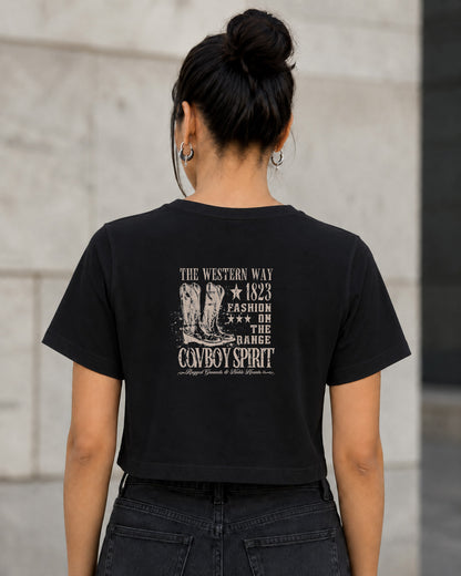 Cowboy Spirit T-Shirt – Frauen Crop Shirt Schwarz, Rückenprint
