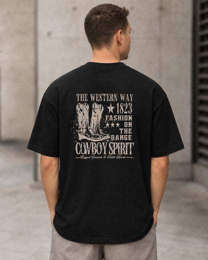 Cowboy Spirit T-Shirt – Heavyweight Oversize Shirt Schwarz, Rückenprint