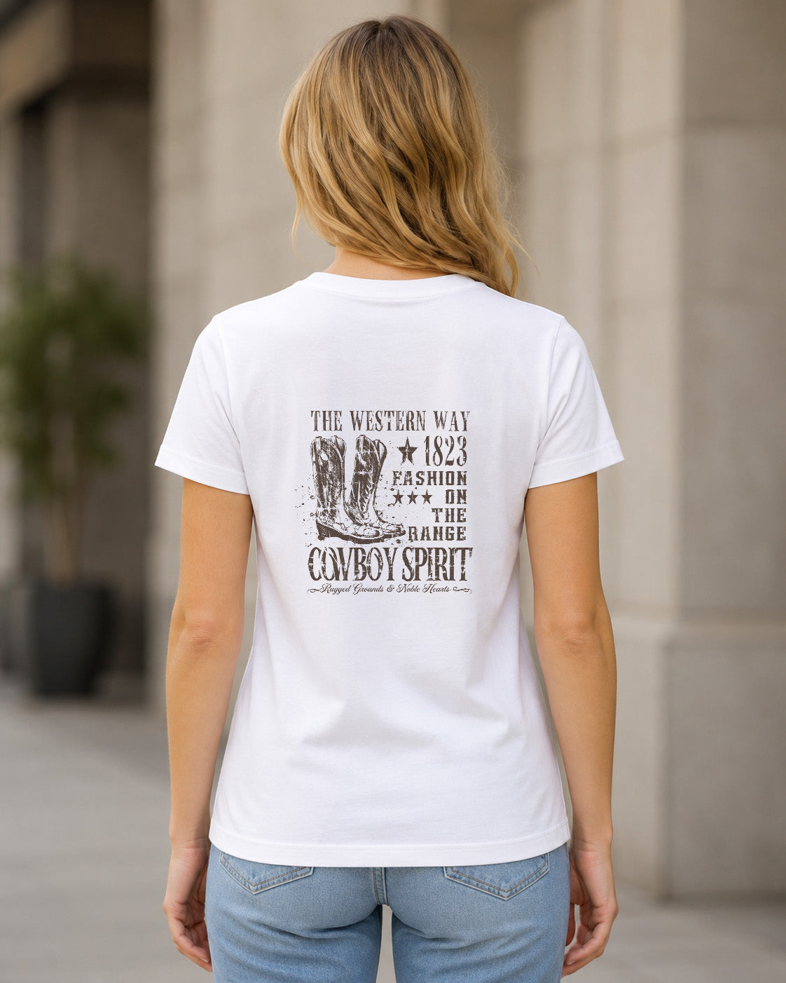 Cowboy Spirit T-Shirt – Frauen Shirt Weiss, Rückenprint