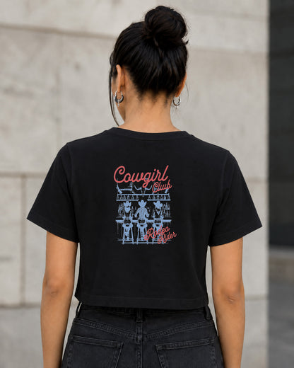 Cowgirl Club T-Shirt – Frauen Crop Shirt Schwarz, Rückenprint