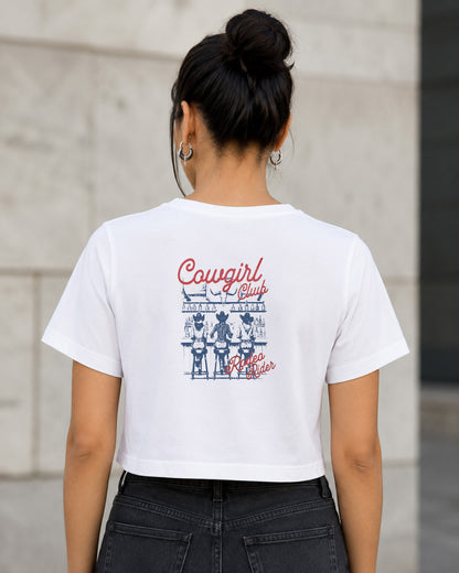 Cowgirl Club T-Shirt – Frauen Crop Shirt Weiss, Rückenprint