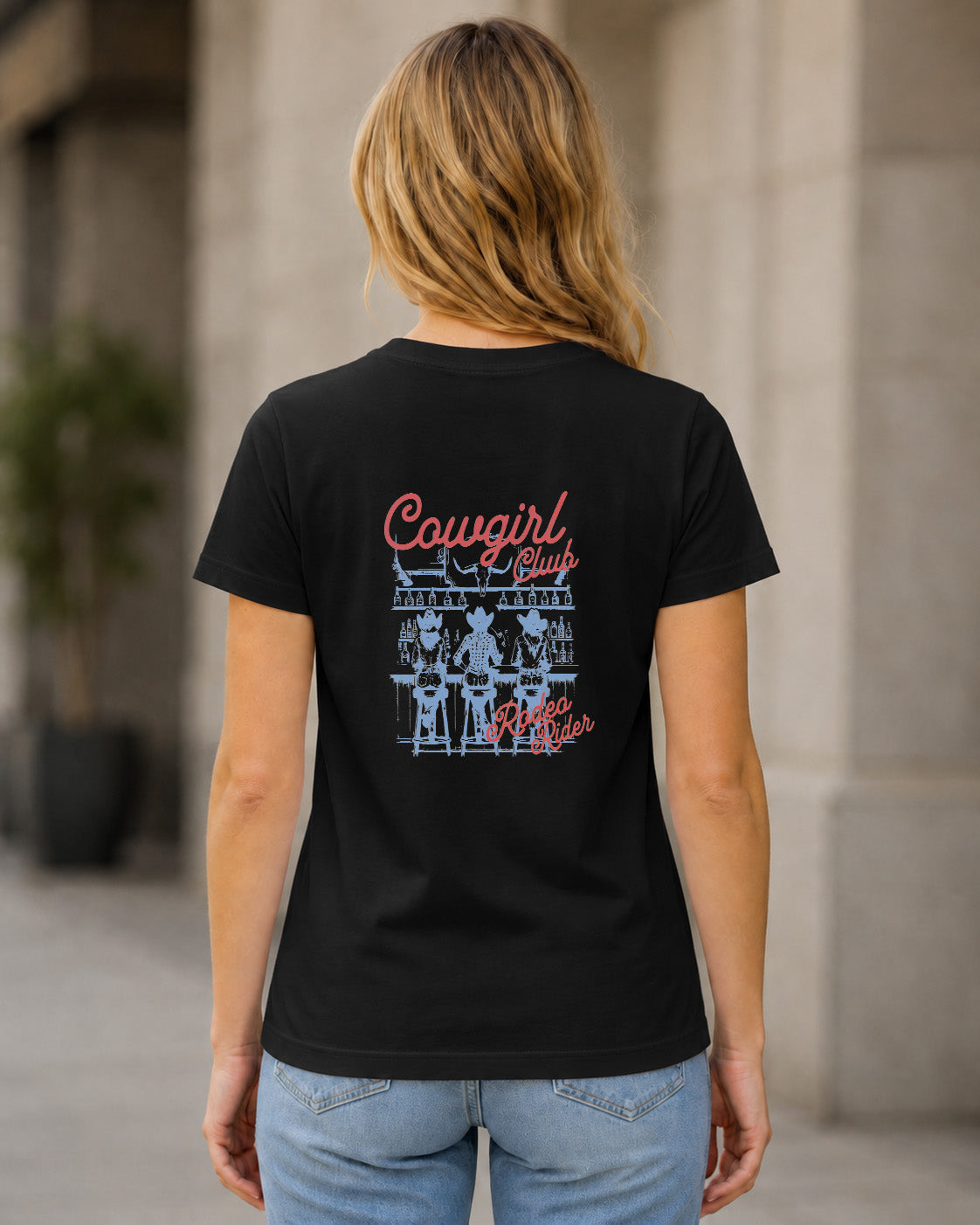 Cowgirl Club T-Shirt – Frauen Shirt Schwarz, Rückenprint