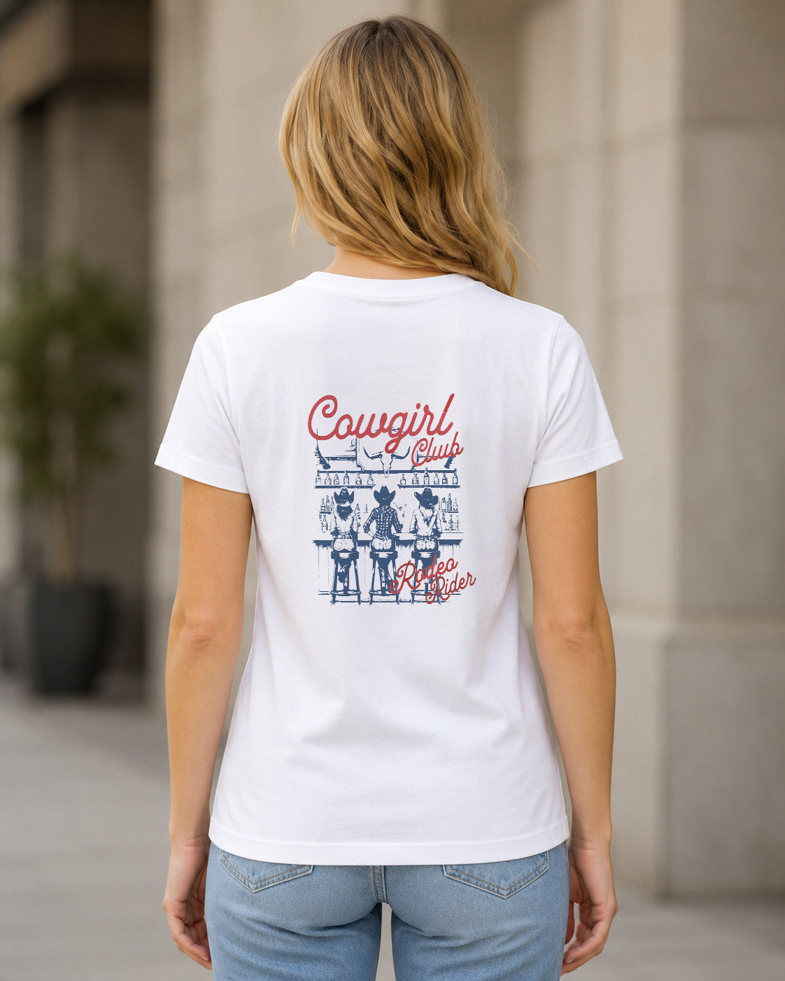 Cowgirl Club T-Shirt – Frauen Shirt Weiss, Rückenprint