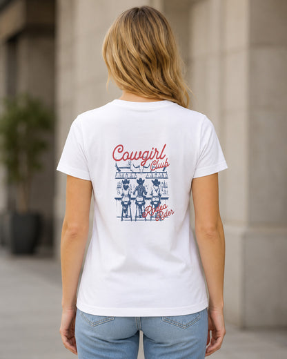 Cowgirl Club T-Shirt – Frauen Shirt Weiss, Rückenprint