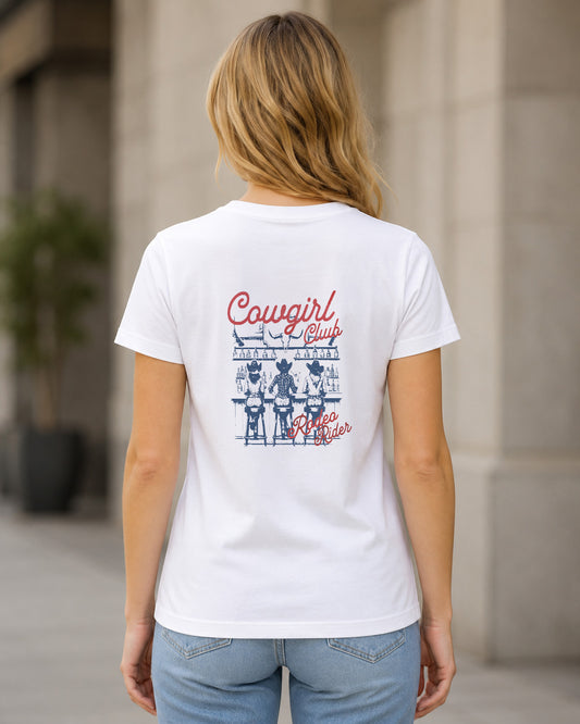 Cowgirl Club T-Shirt – Frauen Shirt Weiss, Rückenprint