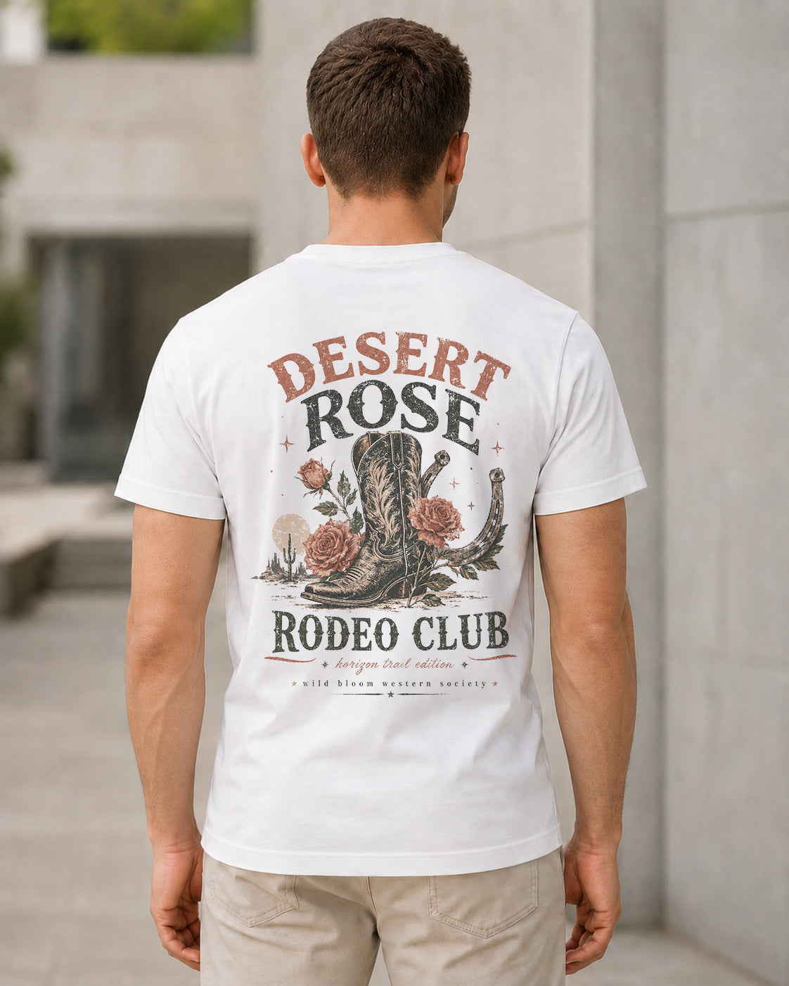 Desert Rose Rodeo Club T-Shirt – Bio-Baumwolle Shirt Weiss, Rückenprint