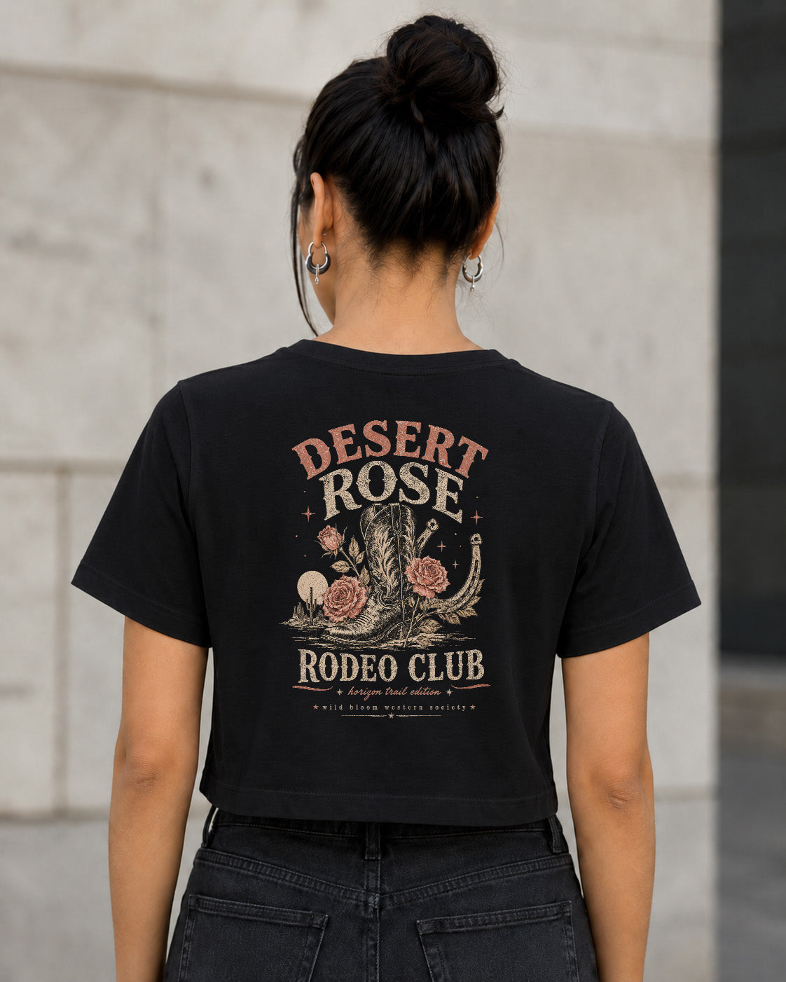 Desert Rose Rodeo Club T-Shirt – Frauen Crop Shirt Schwarz, Rückenprint