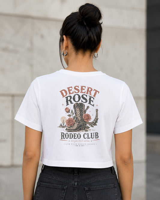 Desert Rose Rodeo Club T-Shirt – Frauen Crop Shirt Weiss, Rückenprint