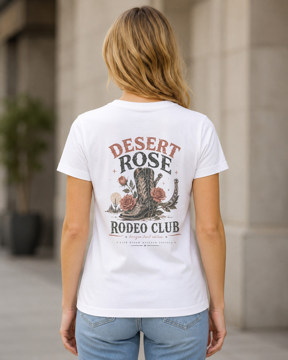 Desert Rose Rodeo Club T-Shirt – Frauen Shirt Weiss, Rückenprint