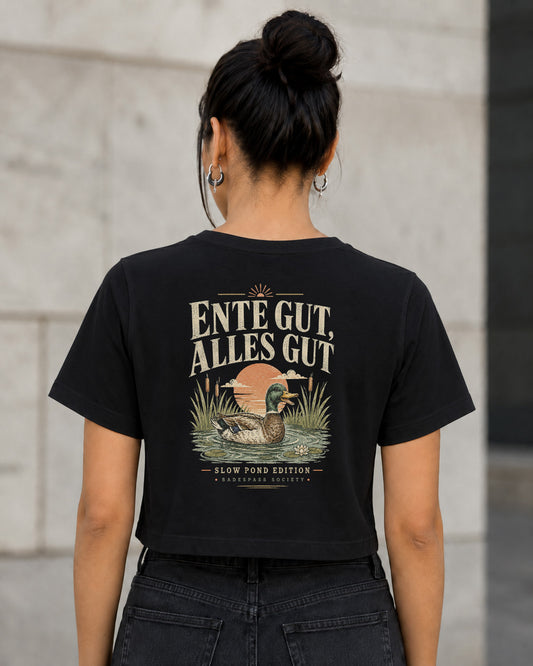 Ente Gut Alles Gut T-Shirt – Frauen Crop Shirt Schwarz, Rückenprint