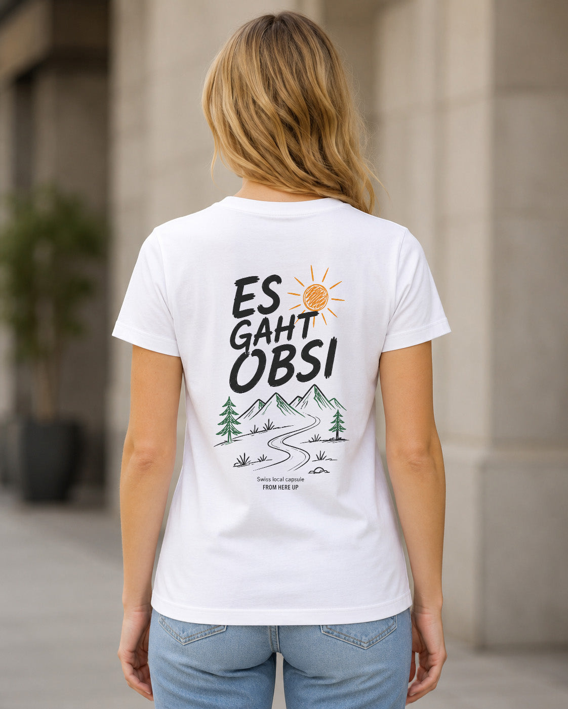 Es Gaht Obsi T-Shirt – Frauen Shirt Weiss, Rückenprint