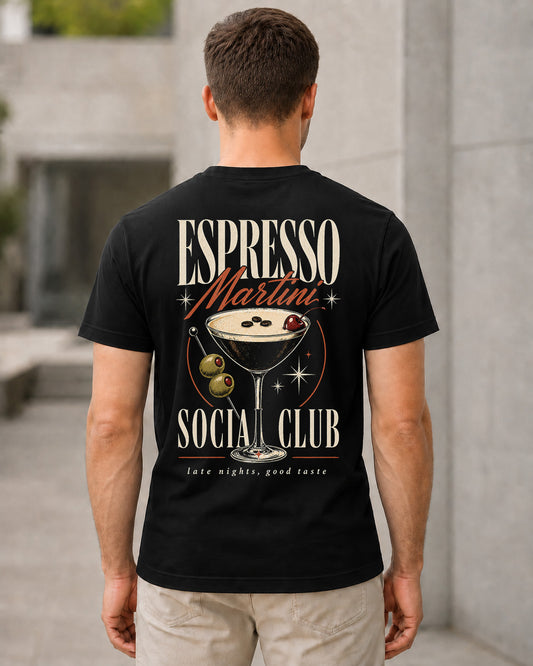Espresso Martini Social Club T-Shirt – Bio-Baumwolle Shirt Schwarz, Rückenprint