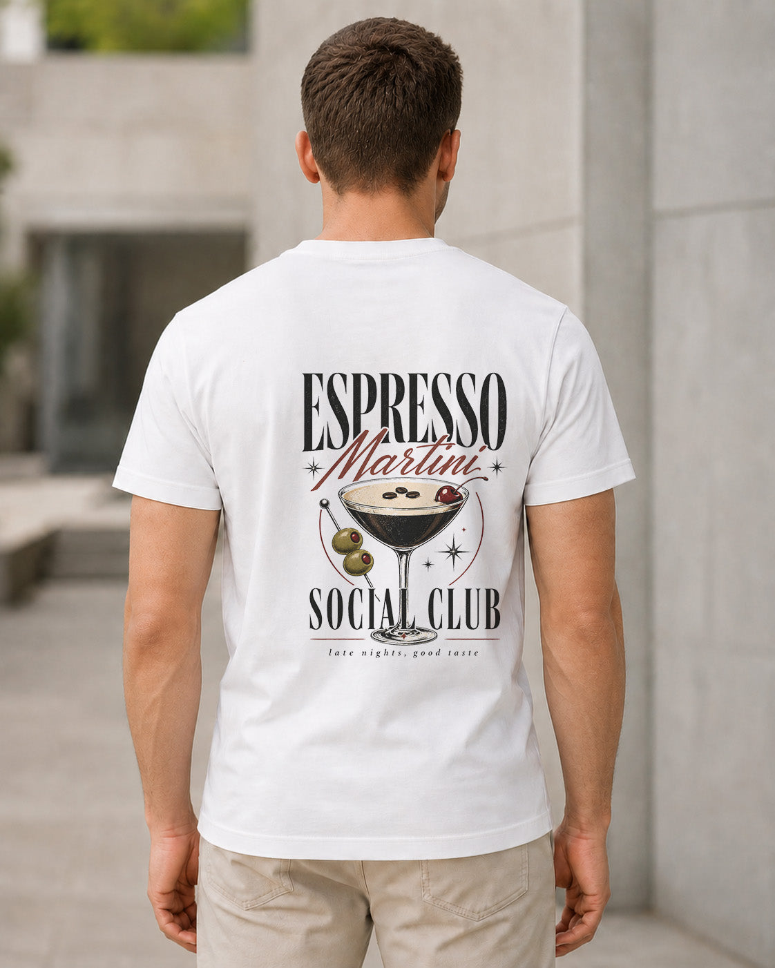 Espresso Martini Social Club T-Shirt – Bio-Baumwolle Shirt Weiss, Rückenprint