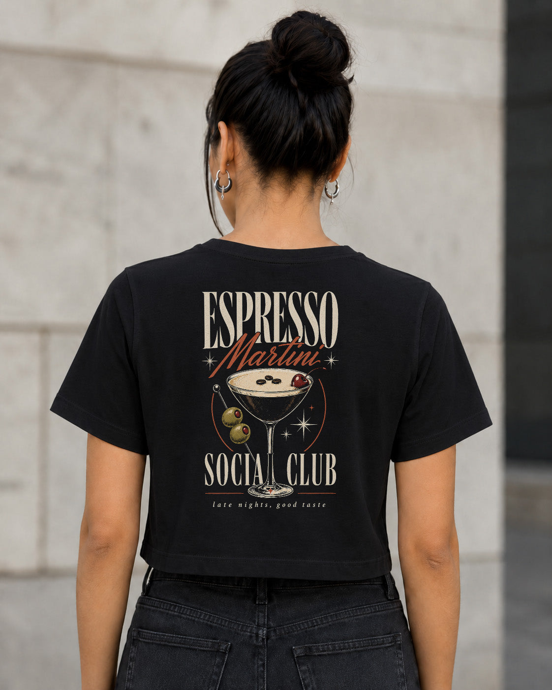 Espresso Martini Social Club T-Shirt – Frauen Crop Shirt Schwarz, Rückenprint