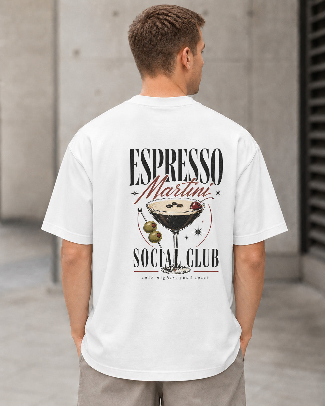 Espresso Martini Social Club T-Shirt – Heavyweight Oversize Shirt Weiss, Rückenprint