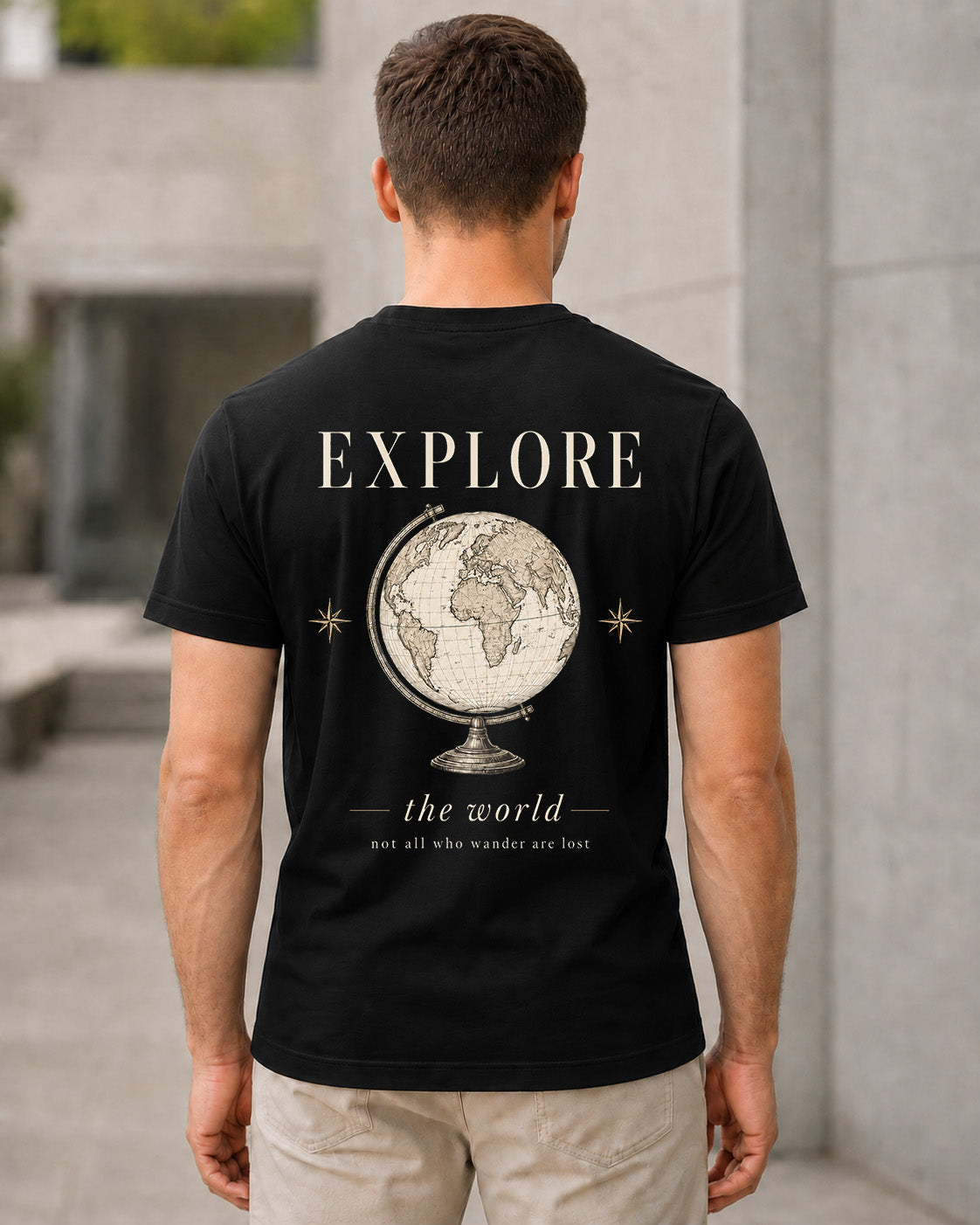 Explore the World T-Shirt – Bio-Baumwolle Shirt Schwarz, Rückenprint