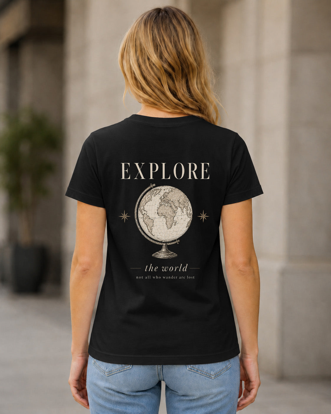 Explore the World T-Shirt – Frauen Shirt Schwarz, Rückenprint