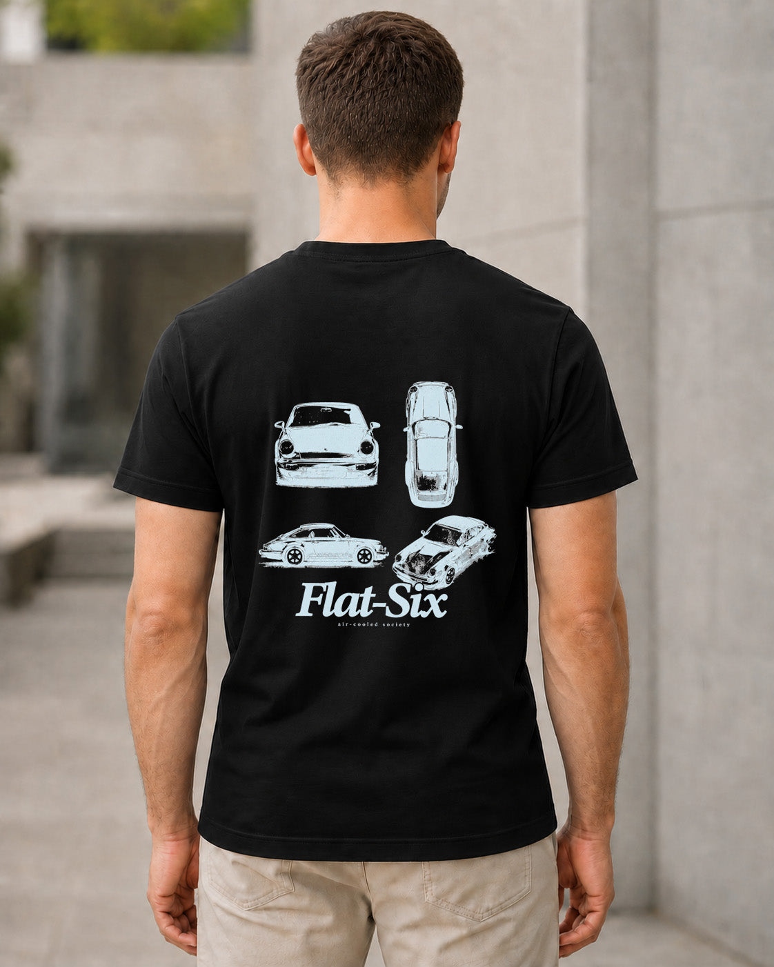 Flat-Six T-Shirt – Bio-Baumwolle Shirt Schwarz, Rückenprint