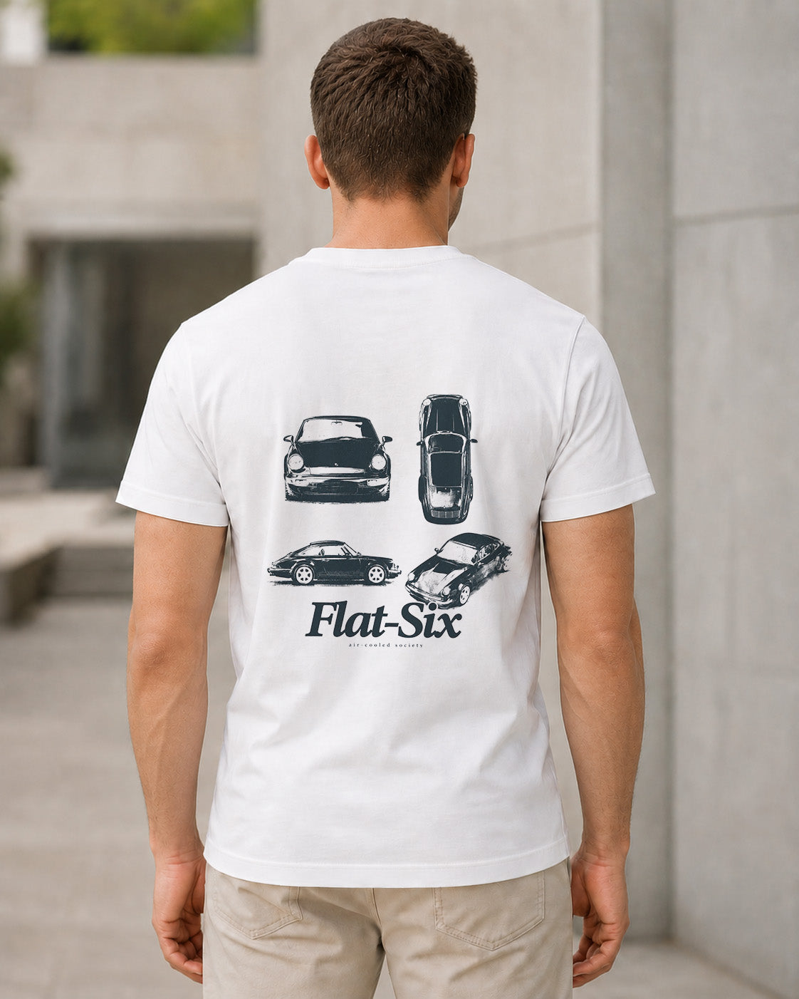 Flat-Six T-Shirt – Bio-Baumwolle Shirt Weiss, Rückenprint