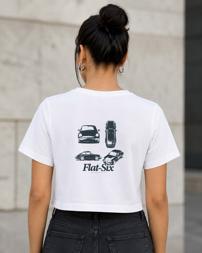 Flat-Six T-Shirt – Frauen Crop Shirt Weiss, Rückenprint