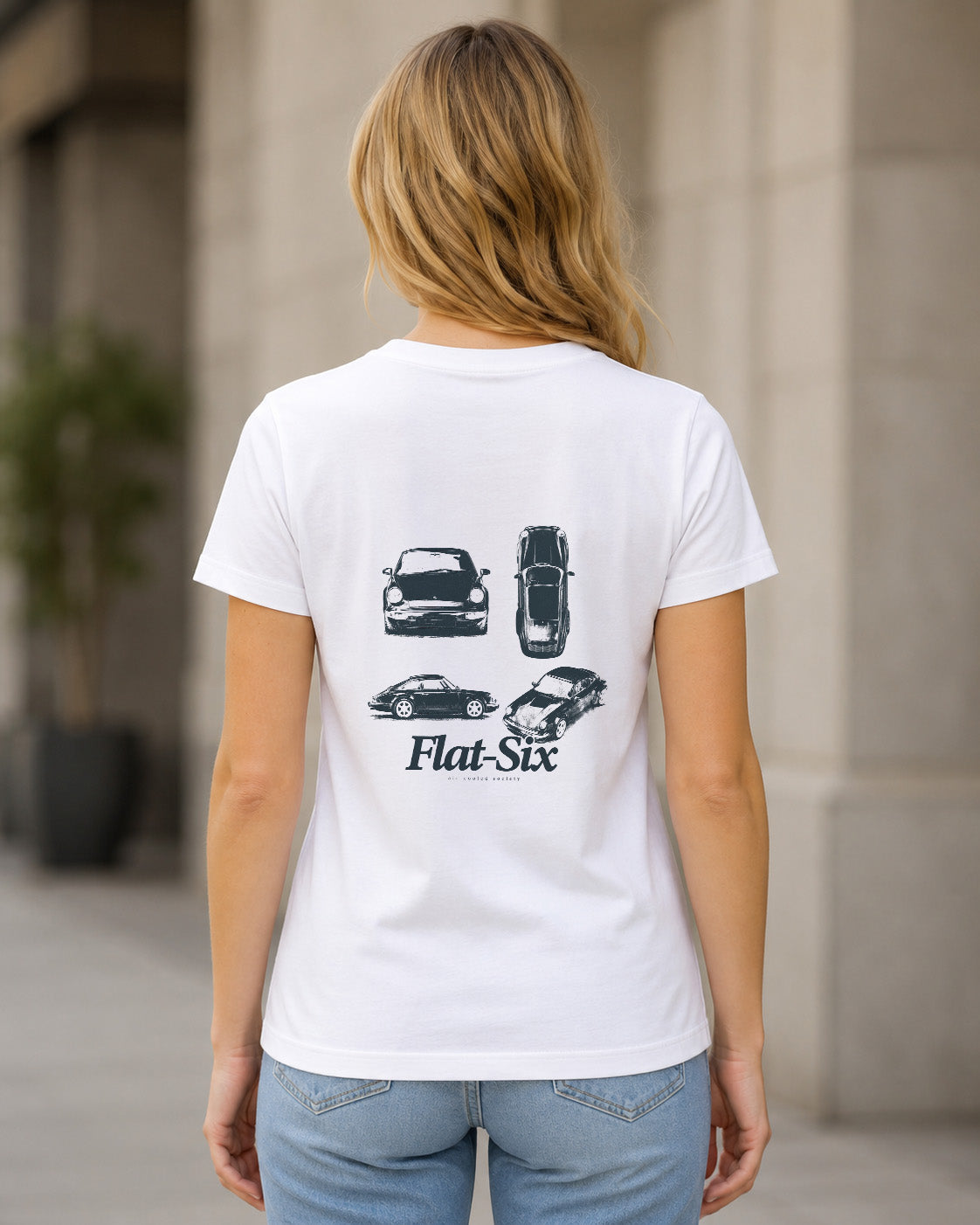Flat-Six T-Shirt – Frauen Shirt Weiss, Rückenprint