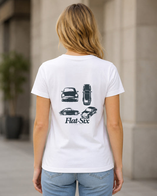 Flat-Six T-Shirt – Frauen Shirt Weiss, Rückenprint