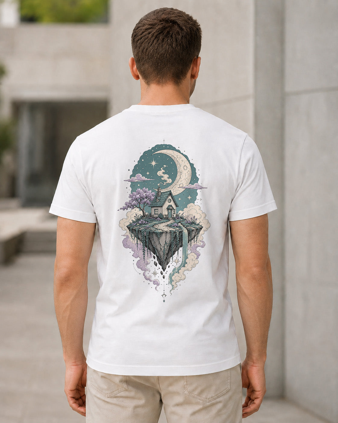 Floating Cottage T-Shirt – Bio-Baumwolle Shirt Weiss, Rückenprint