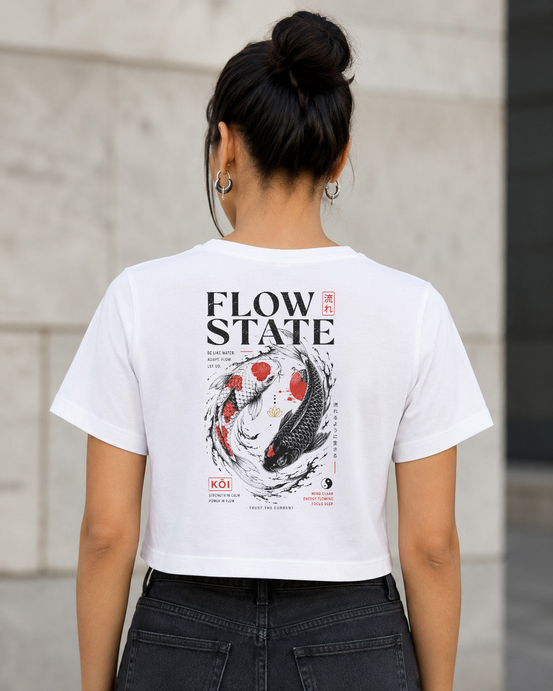 Flow State T-Shirt – Frauen Crop Shirt Weiss, Rückenprint
