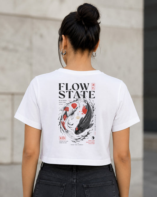 Flow State T-Shirt – Frauen Crop Shirt Weiss, Rückenprint