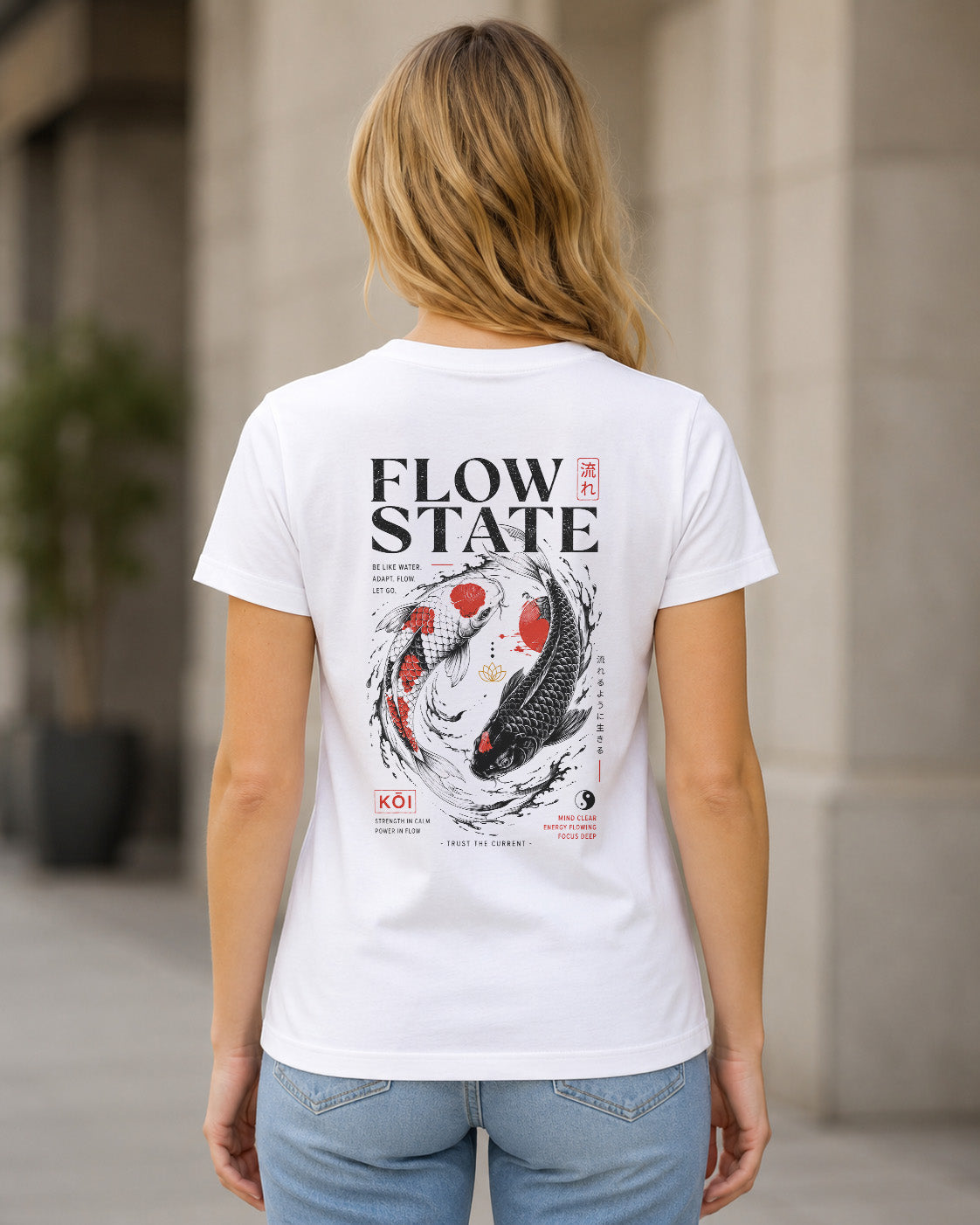Flow State T-Shirt – Frauen Shirt Weiss, Rückenprint