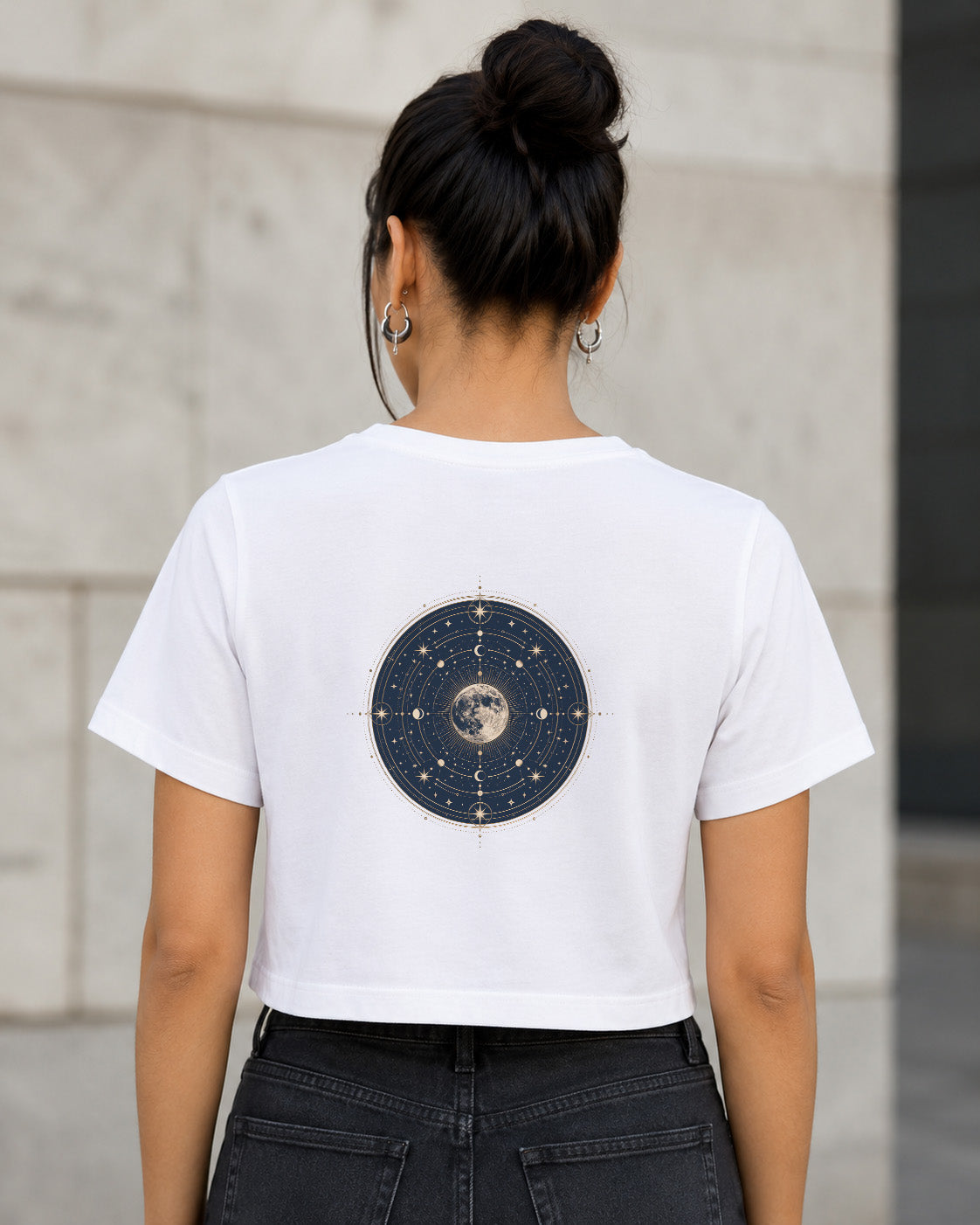 Full Moon Circle T-Shirt – Frauen Crop Shirt Weiss, Rückenprint