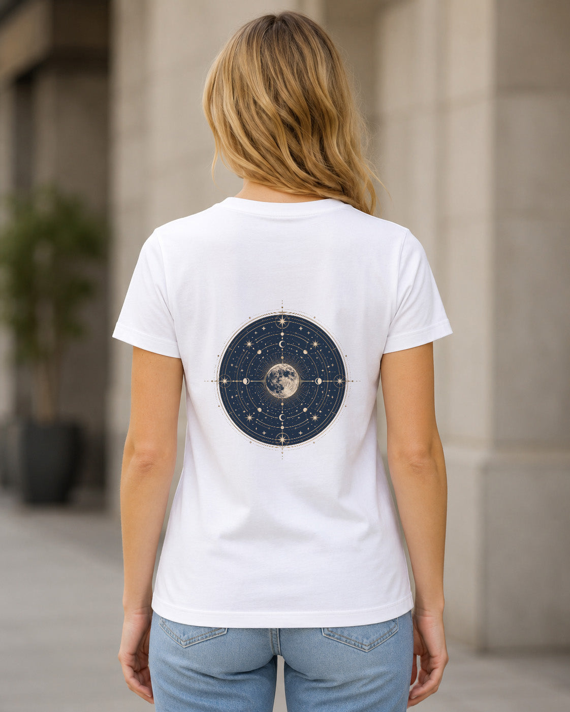 Full Moon Circle T-Shirt – Frauen Shirt Weiss, Rückenprint