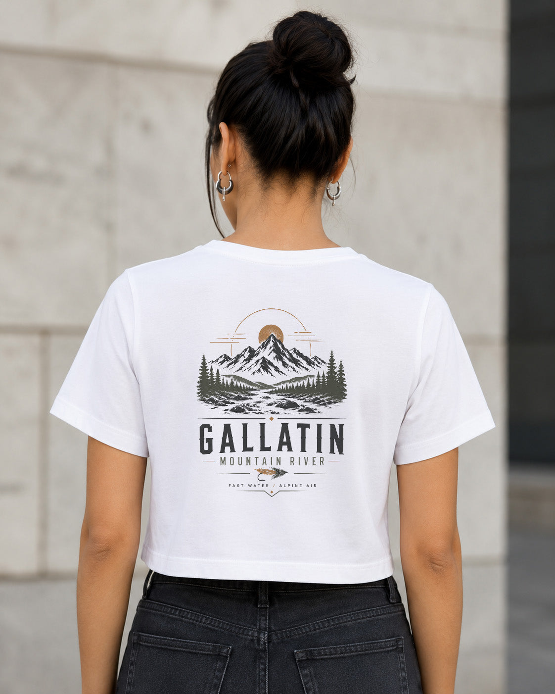 Gallatin T-Shirt – Frauen Crop Shirt Weiss, Rückenprint